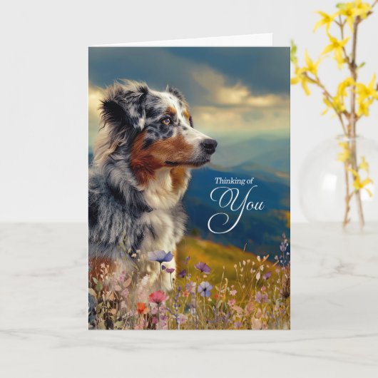 Australian Shepherd Dog Mountains Thinking of You カード (黄色い花)