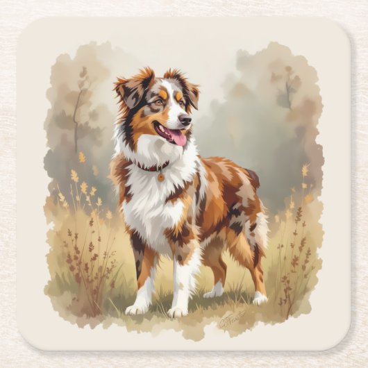 Australian Shepherd Dog Red Merle Aussie スクエアペーパーコースター (正面)