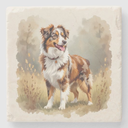 Australian Shepherd Dog Red Merle Aussie ストーンコースター (正面)