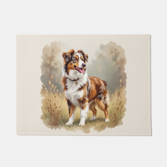 Australian Shepherd Dog Red Merle Aussie ドアマット (正面)