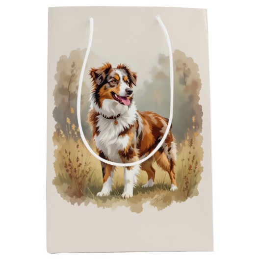 Australian Shepherd Dog Red Merle Aussie ミディアムペーパーバッグ (正面)
