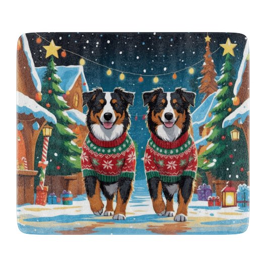 Australian Shepherd Dogs Christmas Snow Holiday カッティングボード (正面)
