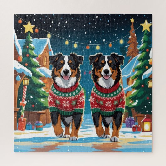Australian Shepherd Dogs Christmas Snow Holiday ジグソーパズル (縦)