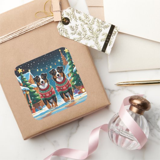 Australian Shepherd Dogs Christmas Snow Holiday スクエアシール (ギフト)