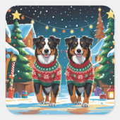 Australian Shepherd Dogs Christmas Snow Holiday スクエアシール (正面)