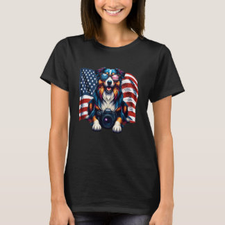 Australian Shepherd Dogs Photography American Flag Tシャツ