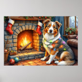 Australian Shepherd Fireplace with Christmas Light ポスター (正面)