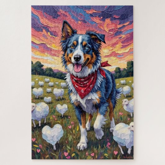 Australian Shepherd Herding Heart-Grass Sheep ジグソーパズル (縦)