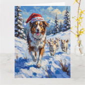 Australian Shepherd Herding Snowballs with Santa カード (黄色い花)