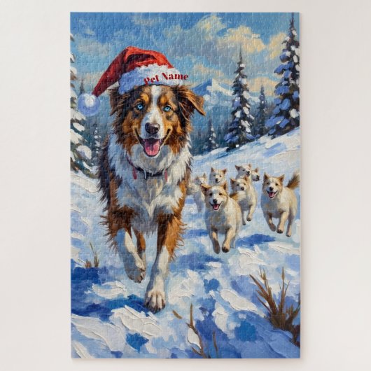 Australian Shepherd Herding Snowballs with Santa ジグソーパズル (縦)