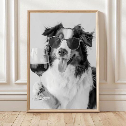 Australian Shepherd Holding Wine Wall Art, Black a ポスター