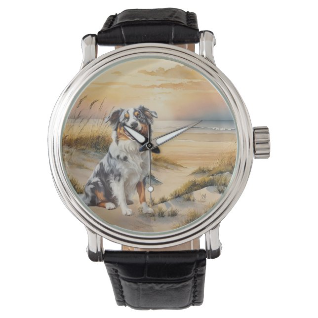 Australian Shepherd in a Beach Cove 腕時計 (正面)