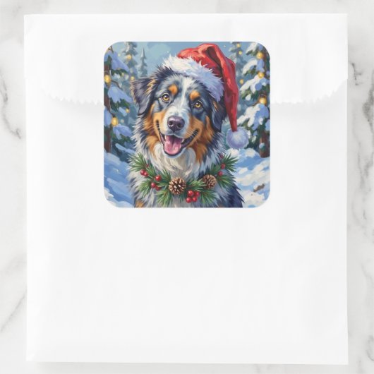 Australian Shepherd Merle Winter Christmas Art スクエアシール (バッグ)