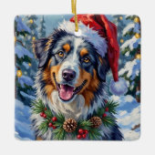 Australian Shepherd Merle Winter Christmas Art セラミックオーナメント (正面)