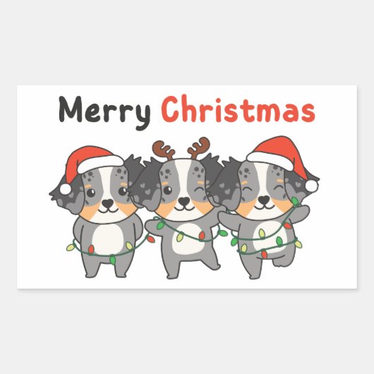 Australian Shepherd Merry Christmas Cute Dogs 長方形シール (正面)