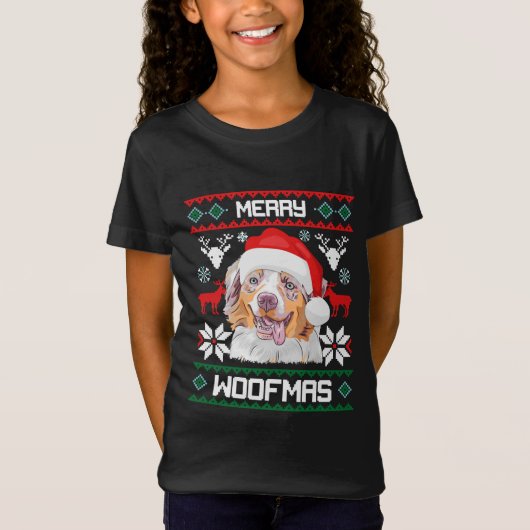 Australian Shepherd Merry Woofmas Dog Christmas Tシャツ (正面)