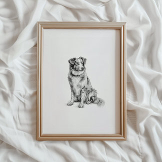 Australian Shepherd Print, Aussie Dog Sketch, PRIN ポスター