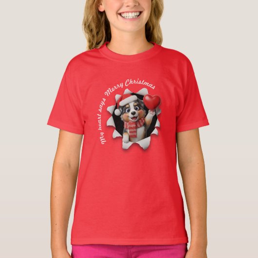 Australian Shepherd Puppy Christmas Heart Scarf Tシャツ (正面)