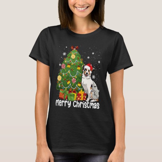 Australian Shepherd Santa Christmas Tree Lights Xm Tシャツ (正面)