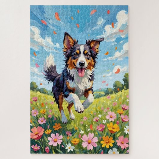 Australian Shepherd Spring Wildflower Dog ジグソーパズル (縦)