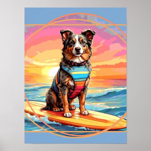 Australian Shepherd Surfing ポスター (正面)