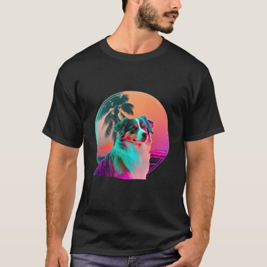Australian Shepherd Synthwave 80s Retrowave Aesthe Tシャツ (正面)