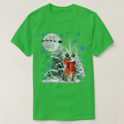 Australian Shepherd Under Moonlight Snow Christmas Tシャツ (デザイン正面)