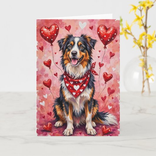 Australian Shepherd Valentine’s Day Dog with Heart カード (黄色い花)
