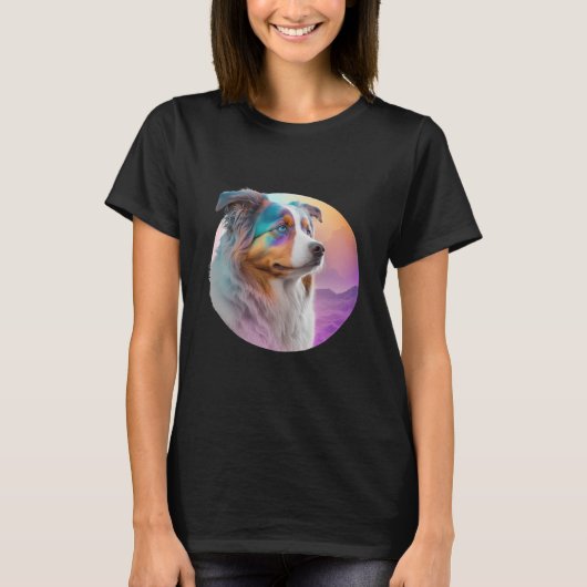 Australian Shepherd Vaporwave Retrowave Aesthetic  Tシャツ (正面)