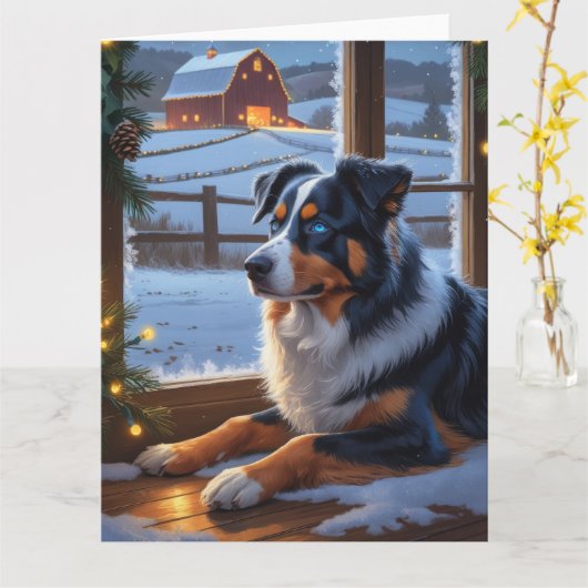 Australian Shepherd With Christmas Lights Holiday カード (黄色い花)