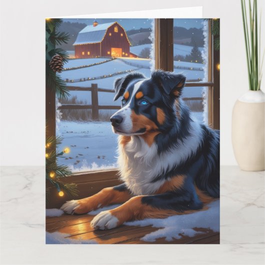 Australian Shepherd With Christmas Lights Holiday カード (正面)