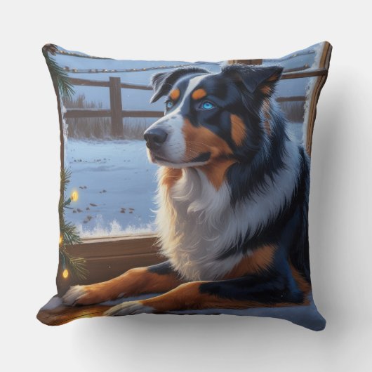 Australian Shepherd With Christmas Lights Holiday クッション (正面)