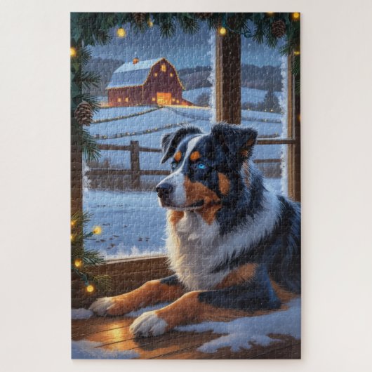 Australian Shepherd With Christmas Lights Holiday ジグソーパズル (縦)