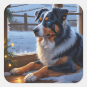 Australian Shepherd With Christmas Lights Holiday スクエアシール (正面)