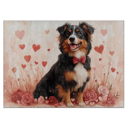 Australian Shepherd with Roses - バレンタインデー  カッティングボード (正面)