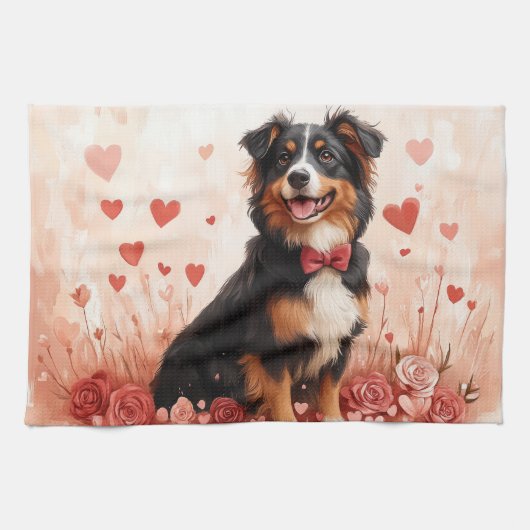 Australian Shepherd with Roses - バレンタインデー キッチンタオル (横)