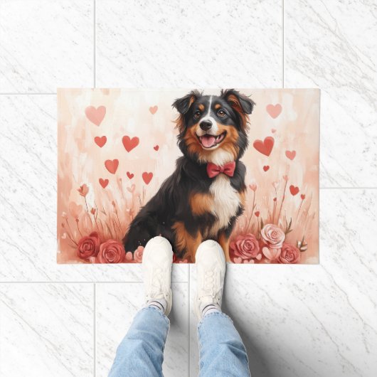 Australian Shepherd with Roses - バレンタインデー ドアマット (室内)