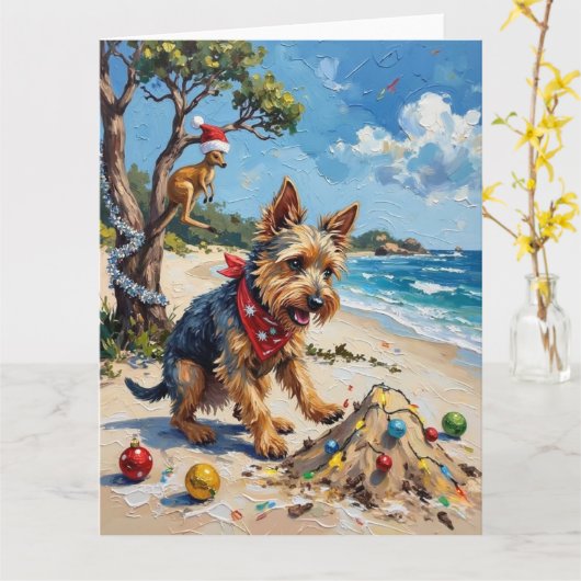 Australian Terrier Christmas Down Under Holiday カード (黄色い花)