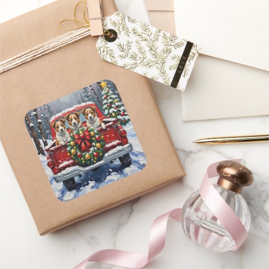 Australian Terrier Christmas Red Truck Holiday スクエアシール (ギフト)