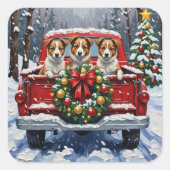 Australian Terrier Christmas Red Truck Holiday スクエアシール (正面)