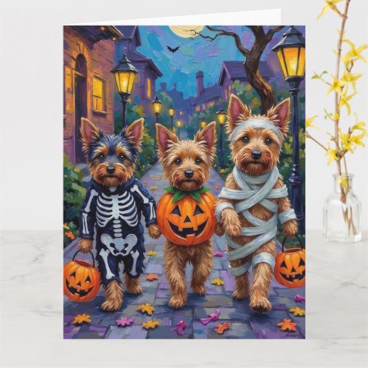 Australian Terrier Trick-or-Treating in Halloween カード (黄色い花)