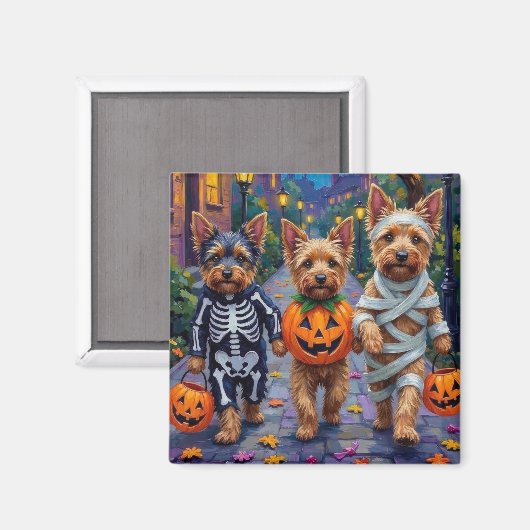 Australian Terrier Trick-or-Treating in Halloween マグネット (正面/裏面)