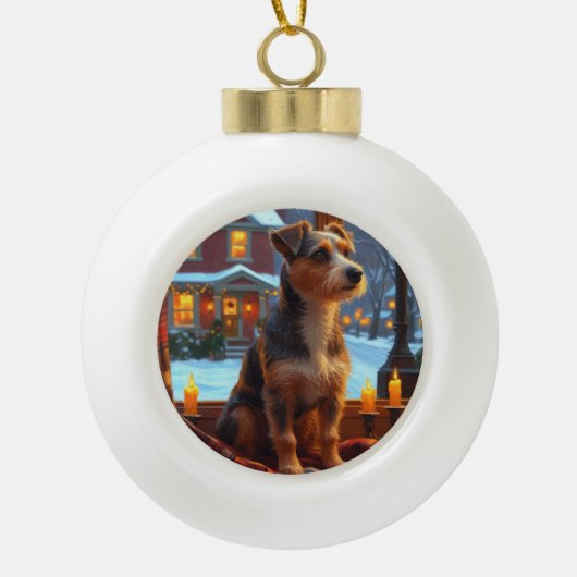 Australian Terrier With Christmas Lights Holiday セラミックボールオーナメント (正面)