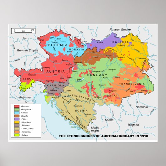 Austria-Hungary Map of Ethnic Diversity in 1910 ポスター (正面)