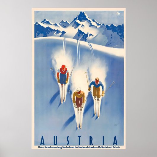 Austria Skiing Mountains Vintage Travel Poster ポスター (正面)