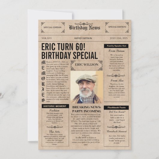 Authentic 60誕生日新聞表紙の写真 招待状 (正面)
