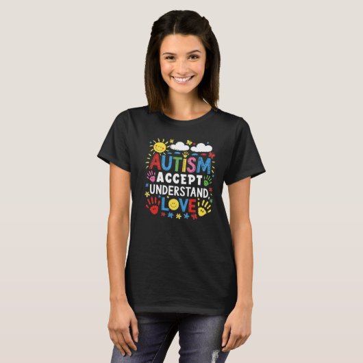 Autism Accept Understand Love Colorful Handprints Tシャツ (正面フル)