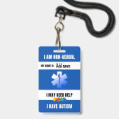 Autism Alert Nonverbal Autistic Contact Badge バッジ (正面（ネックストラップ付）)