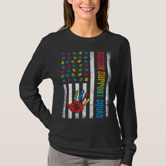 Autism American Flag Autism Support Squad Tシャツ (正面)