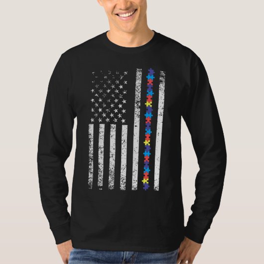 Autism American Flag Puzzle Piece Products Awarene Tシャツ (正面)